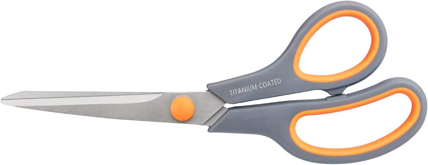 Scissors 8" Multipurpose Titanium Coated Sturdy Sharp Scissors Right/Left Handed Comfort-Grip Handles for Office Home School Sewing Fabric Craft Supplies Gray