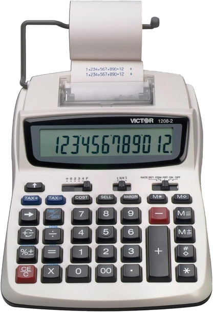 Victor Printing Calculator, 1208-2 Compact and Reliable Adding Machine with 12 Digit LCD Display, Battery or AC Powered, Includes Adapter,White