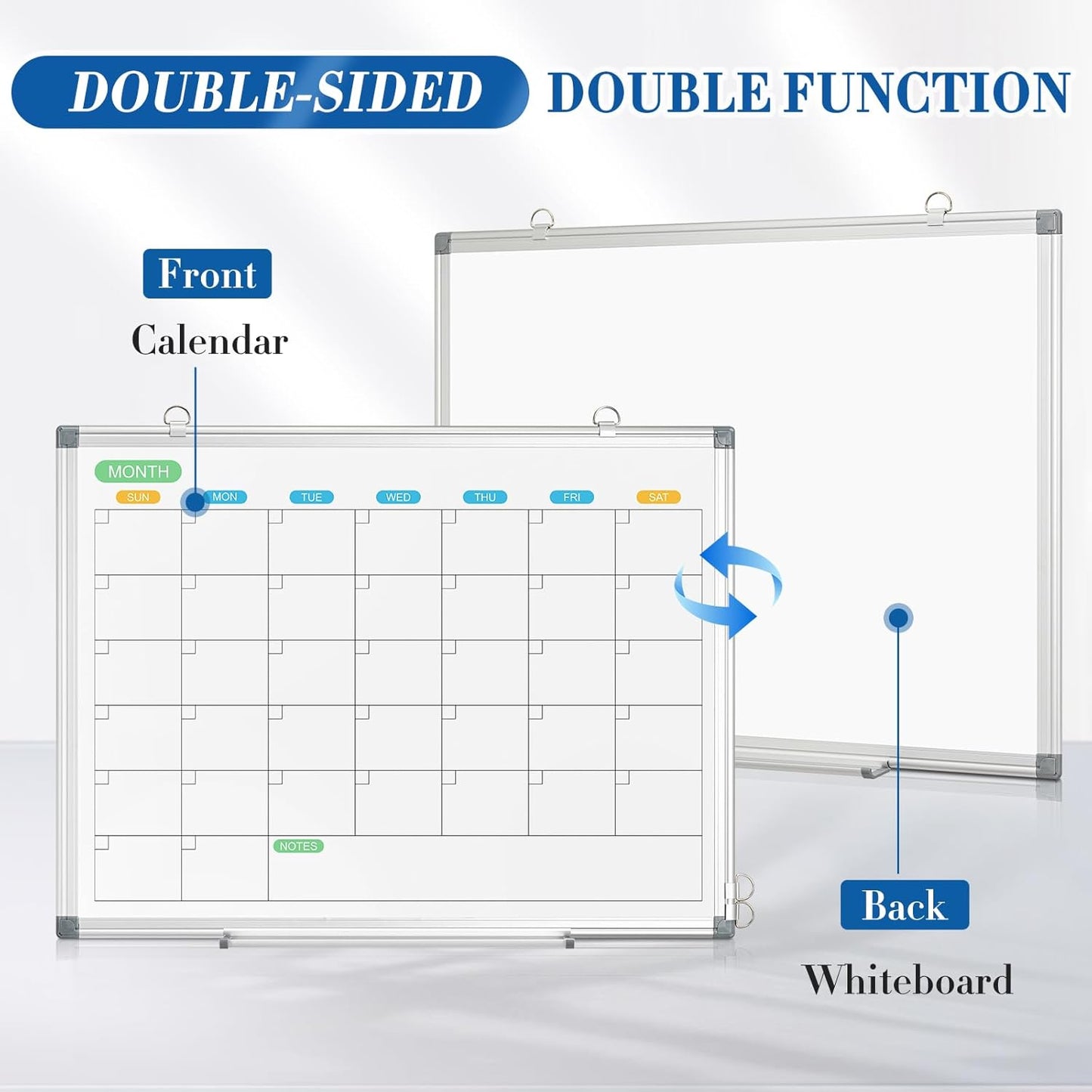 WALGLASS Dry Erase Calendar Whiteboard for Wall, 36" x 24" Double-Sided Monthly Calendar White Board with Silver Aluminum Frame, Hanging or Wall Mount Large Whiteboard for Home, Office, School