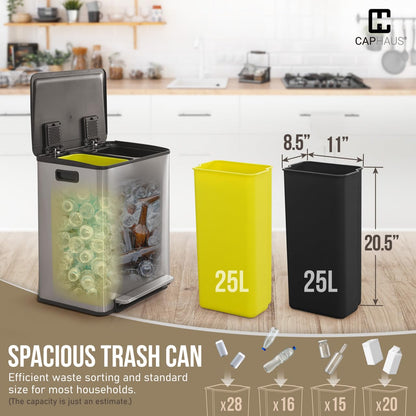 CAPHAUS Dual Trash Can with Lid, Trash and Recycling Bins Combo for Kitchen, Hands-Free Stainless-Steel Garbage Can with 2 Compartment, Hinged Lid, Odor Filter, Handles, 25L+25L, 2 x 6.6 Gallon