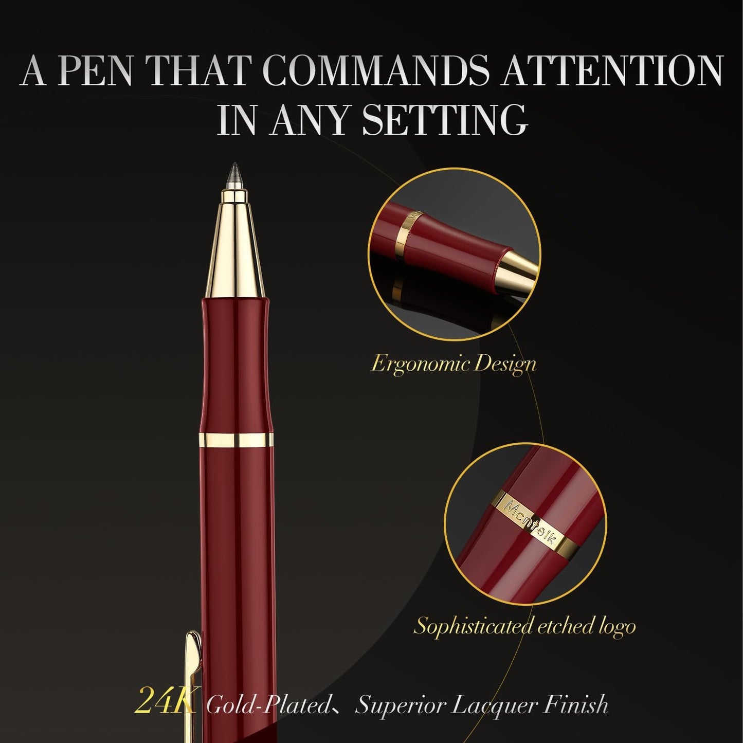 Red Gel Pen With 24K Gold Finish, Fine lacquer work, Fancy Men's And Women's Gift Set, Professional, ADMOK Black Refill, Smooth Writing, Executive, Commercial, Click, Nice Retractable Pens