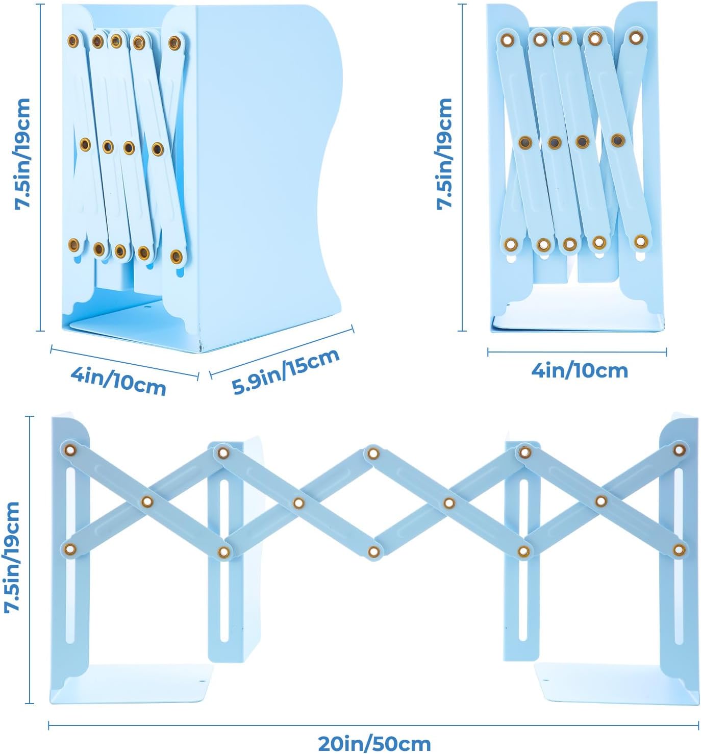 M&G Adjustable Bookends Book Ends for Shelves, Metal Bookend for Heavy Books, Desk Magazine File Organizer Holder Extends up to 20in, Book Stopper for Home, Office, Classroom (Blue)