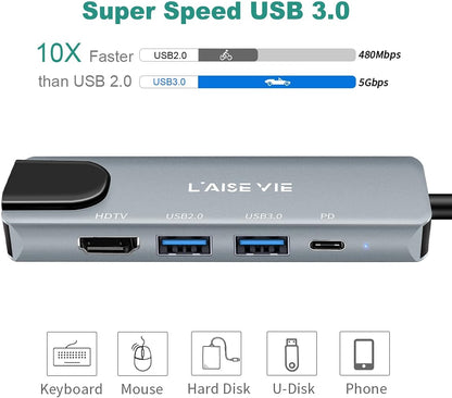 USB C Hub, 5 in 1 USB C 4K@32Hz HDMI Adapter with Ethernet Port, 100W Power Delivery PD Type C Charging Port, USB 3.0& 2.0 Adapter Compatible for MacBook Pro, Chromebook, XPS, and Devices