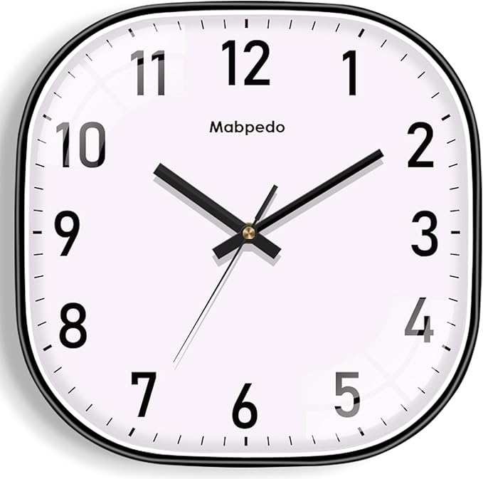 Wall Clocks Battery Operated, 12 Inch Silent Wall Clock, Non Ticking Square Analog Decorative Wall Clocks for Bedroom Living Room Office Home Gym Porch Decor Indoor Outdoor Clock, Black