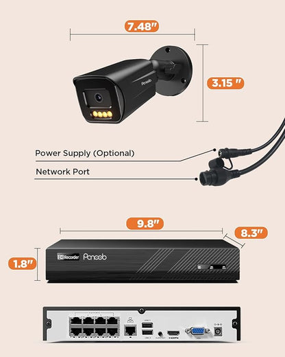 4K PoE Security Camera System 8 Channel, 4X 8MP Wired Security IP Bullet Camera, AI Human Vehicle Detection, 2-Way Audio, Smart Dual Light Color Night Vision, 4K 8CH NVR 2TB HDD, PB65B0408-8MD