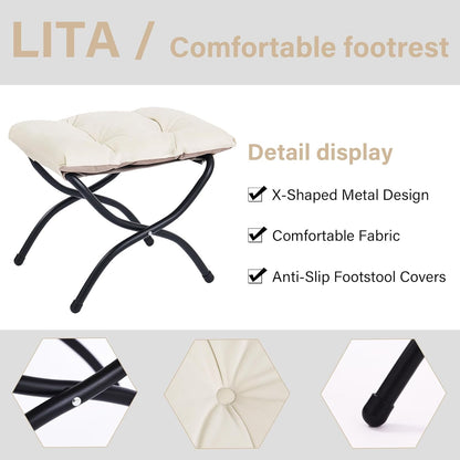 LITA 2 Pcs Folding Upholstered Footrest Stool, Modern Small Portable Accent Ottoman with Detachable Thick Cotton Cushion, Padded Sofa Stool with Metal Frame, Living Room & Bedroom,Velvet Beige