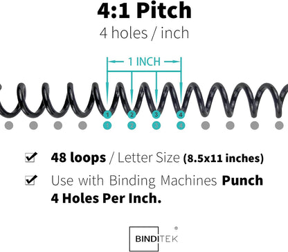Binditek 50 Pack Plastic Spiral Binding Coils, 28mm (1-1/8"), 240 Sheet Capacity, 4:1 Pitch, Black, 48 Loops, for Letter Size, for Students and Coworkers
