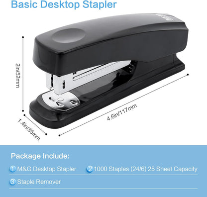 M&G Desktop Stapler with 25 Sheet Capacity, Two Binding Modes, Basic Stapler Set with 1000 Staples and Remover, Durable Staplers for Office School Home (Black)