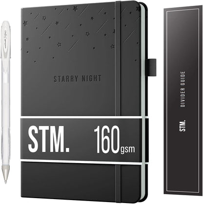 Black Paper Bullet Dotted Journal Notebook | A5 Starry Night by Scribbles That Matter | Free white gel pen | 160gsm Blackout no-bleed dot grid paper | For Men and Women | 5.75 x 8.5 in | Black
