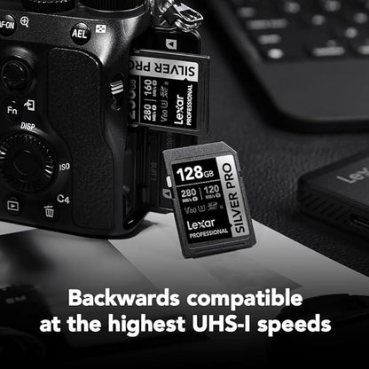 Lexar 128GB Professional SILVER PRO SD Card, UHS-II, C10, U3, V60, Full HD, 4K, Up To 280MB/s Read SDXC Memory Card, for Professional Photographer, Videographer, Enthusiast (LSDSIPR128G-BNNNU)
