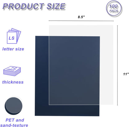 100 Pack Binding Covers Set, 8.5x11 Inches, Including 50 Pcs 12 Mil Ultra Clear PET Binding Covers, 50 Pcs 12 Mil Navy Sand Textured