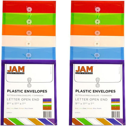 JAM PAPER Plastic Envelopes with Button & String Tie Closure - Letter Open End - 9 3/4 x 11 3/4 - Assorted Colors - 12/Pack