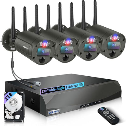 【130° Ultra Wide-Angle】 Wireless Security Camera System, Outdoor WiFi Cameras Home Video Surveillance Systems DVR Kits
