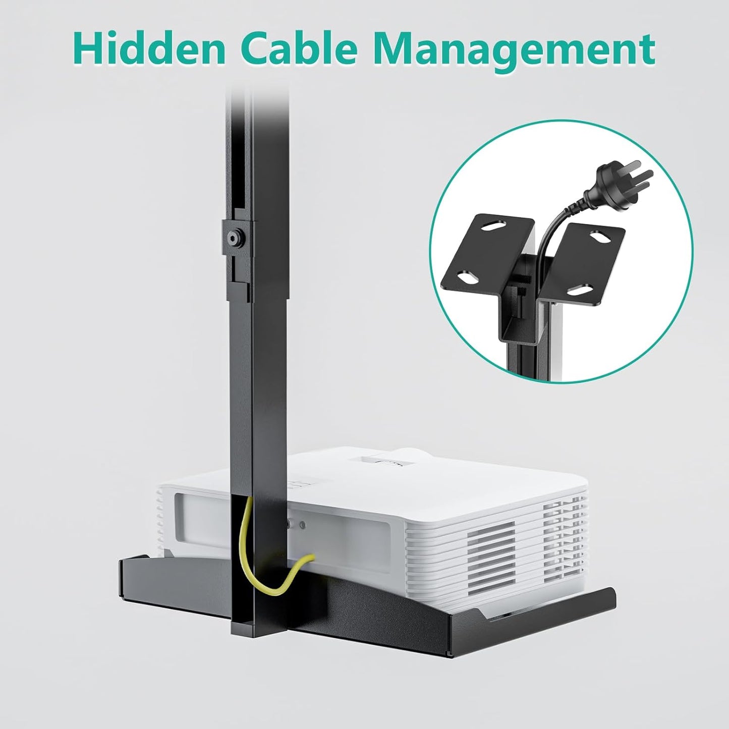 WALI Projector Ceiling Mount Tray，Projector Wall Mount Holds up to 22lbs, Height Adjustable Universal Projectors Mount, No Hole Installation, Hidden Cable Routing, Black(PM-005-B)