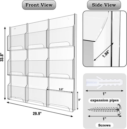 Acrylic Brochure Pamphlet Holder, 9 Magazine Holders, Clear Brochure Display Stand Wall Mount, Trifold Flyer Rack, Literature Storage Rack for Home, Offices, Waiting Room