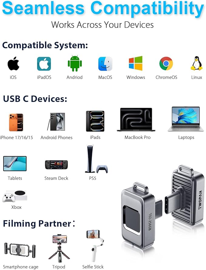 Nano SSD 256GB, USB-C External SSD Storage Hard Drive with Fingerprint Lock, Compatible with iPhone 17/16/15, MacBook, iPad, Steam Deck, PS5, Selfie Stick, Android, Travel and Backup