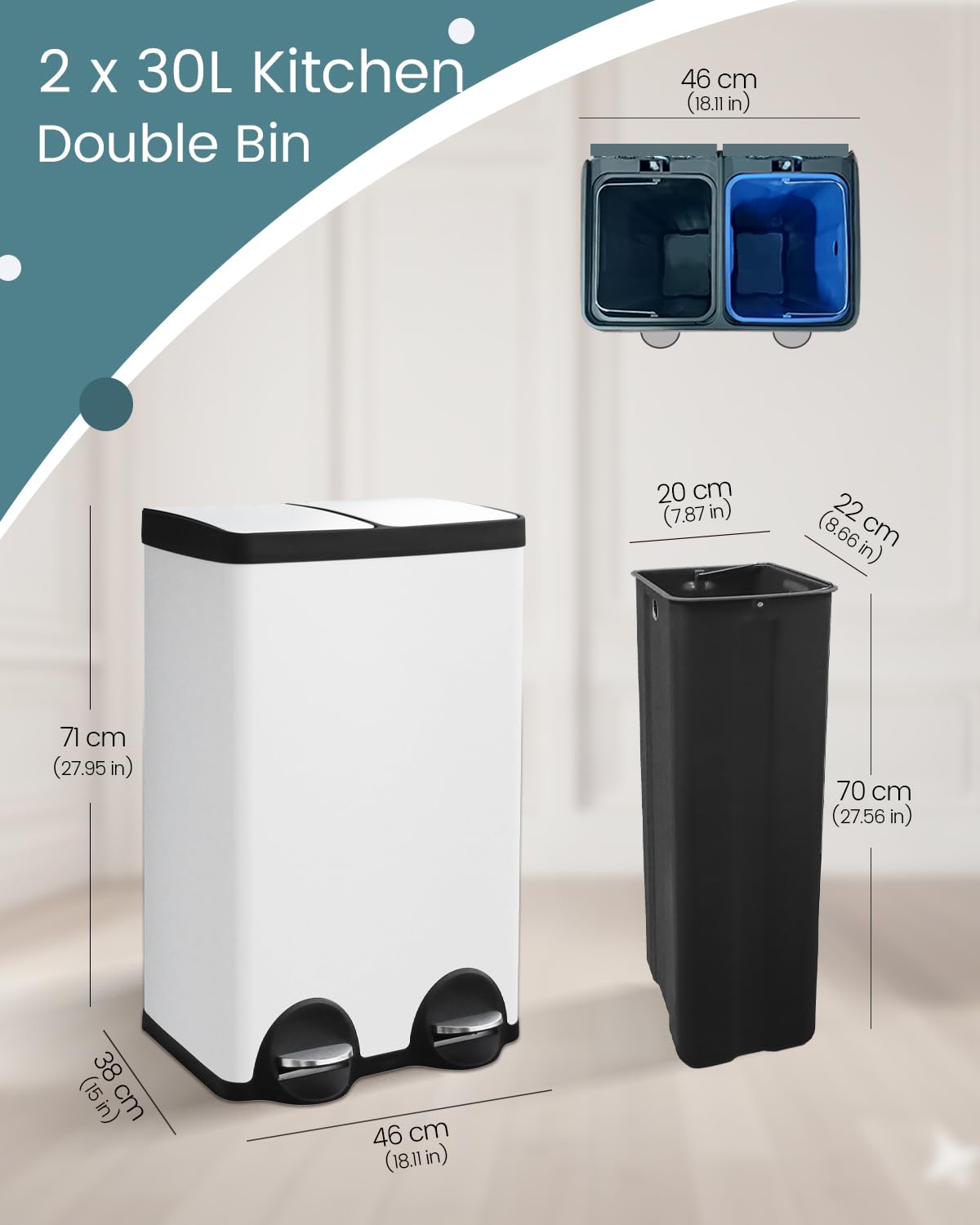 60L Dual Compartment Stainless Steel Trash Can, 16 Gallon White Kitchen Garbage Bin with Silent Sealed Lids, Pedal & Recyclable Waste Bins for Home/Office