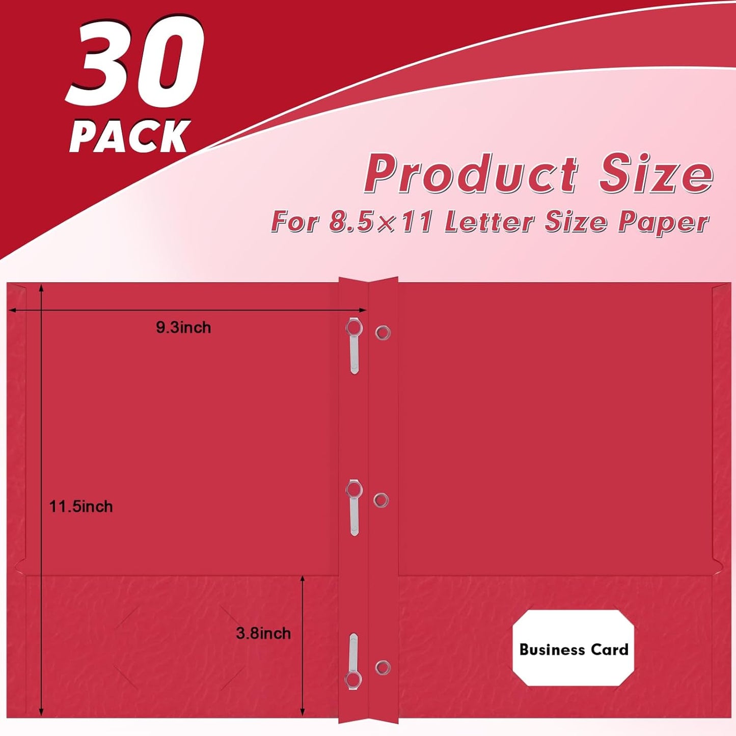 Two Pocket Folders, PANDRI 30 Pack Two Pocket Folders with Prongs, 3 Prong Folders Designed for Office and Classroom, Letter Size Red