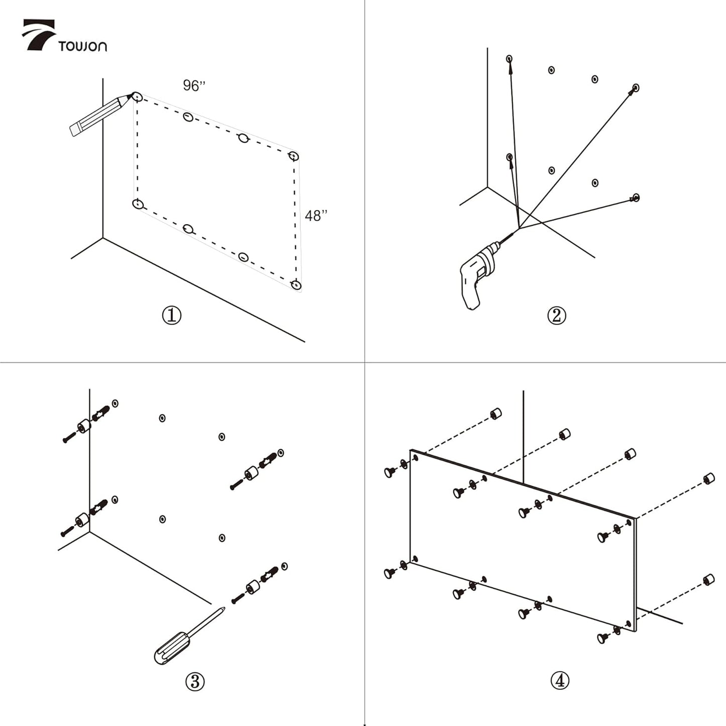TOWON 8 x 4ft Glass Whiteboard Wall, Black Magnetic White Board Dry Erase 96 x 48 in, Big Glass Dry Erase Board with Multi-Color Markers, Strong Magnets, Pen Tray and Eraser, Frameless