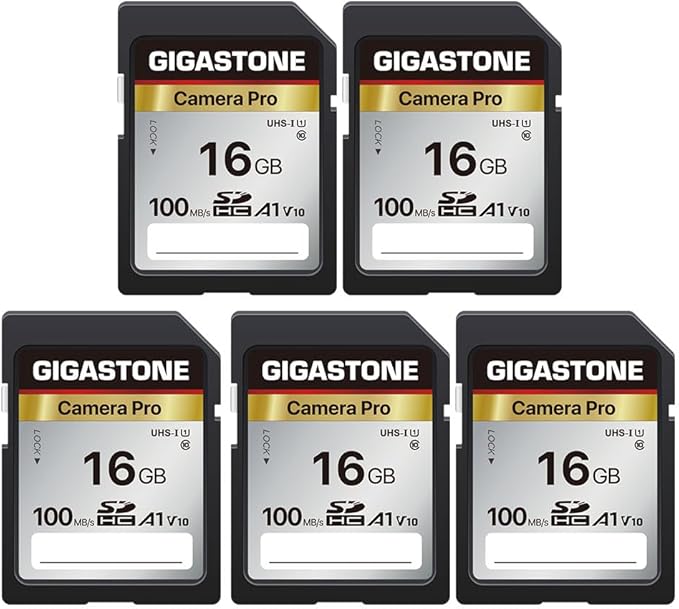 【5-Years Data Recovery】 GIGASTONE 16GB SD Card 5-Pack, Camera Pro, A1 V10 SDHC Memory Card Compatible with SPYPOINT TACTACAM Trail Camera, with 5 Mini Cases