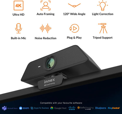 Innex C470 4K Webcam with Microphone, AI Auto-Framing, 5X Digital Zoom, Auto Light Correction, for Zoom, Microsoft Teams, 120 Degree Wide Angle Webcam for PC, Mac, Windows, Video Call, Live Streaming