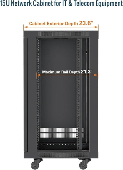 Tecmojo 15U Wall Mount Rack,15U Rack 23.6 Inch Depth,Hold Up to 176 Lbs,Enclosed Wall Mount Rack with 2 Colling Fans,for 19 Inch Network,Server and AV Gear,Glass Door(Elite Collection)