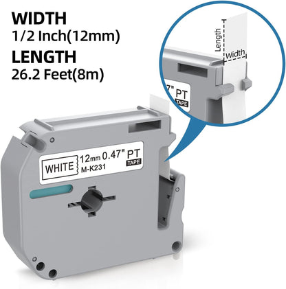 6-Pack Replacement for Brother P Touch M Tape M-K231 MK231 M-K131 MK431 MK531 MK631 MK731 12mm 0.47Inch Compatible with Brother PT-M95 PT-90 PT- PT-65 PT-70 PT-85 Label Makers