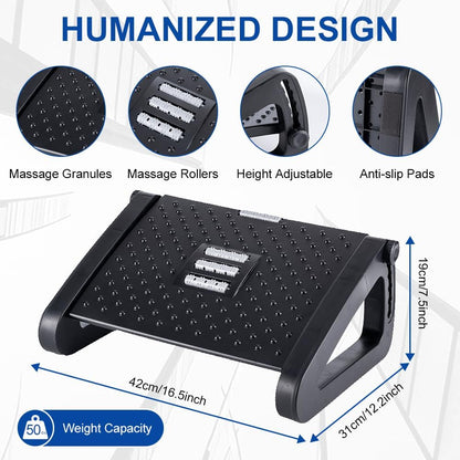 Foot Rest for Under Desk at Work - Six Heights Adjustable Under Desk Footrest - Ergonomic Foot Stools for Under Office Desks - Desks Foot Rest with Massage Rollers - Leg Rest for Chair (Black)