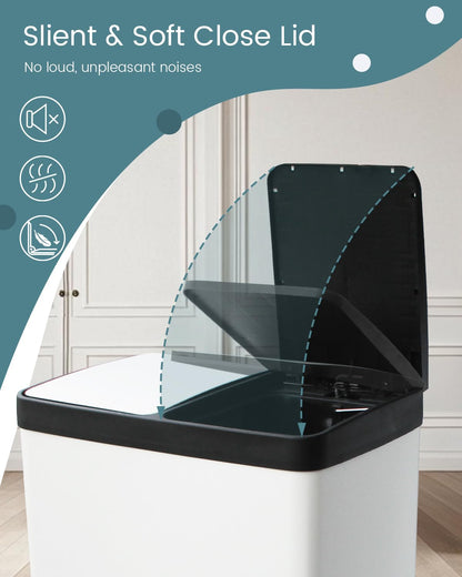 60L Dual Compartment Stainless Steel Trash Can, 16 Gallon White Kitchen Garbage Bin with Silent Sealed Lids, Pedal & Recyclable Waste Bins for Home/Office