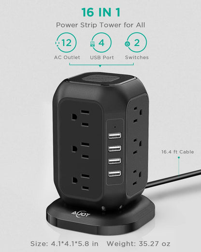 AiJoy Power Strip Tower 16.4 ft Cord, Surge Protector with 12 AC Outlet and 4 USB Ports, Charging Station Extension Cord with Multiple Outlets for Home, Office, Dorm Room Essentials