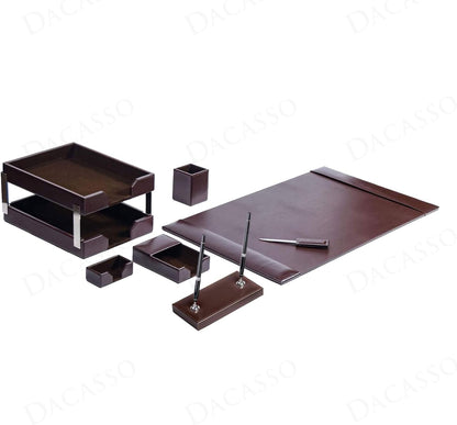 Dacasso Dark Brown Bonded Leather Luxury 9-Piece Desk Set - Blotter Pad & Desk Organization Essentials - Executive Decor and Surface Protector
