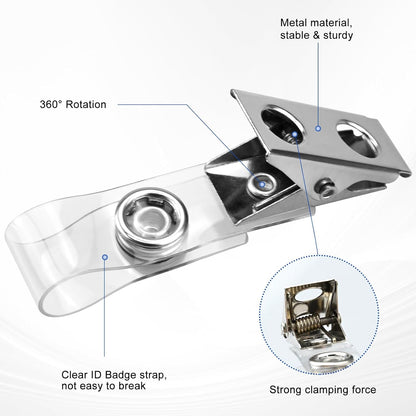 200Pcs Premium Metal Badge Clips with Clear PVC Straps for ID Cards, Badge Holders, Name Tags, Work Badges