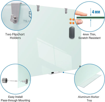 TSJ OFFICE Glass Dry-Erase Board - 36 x 24 Inches Wall Mounted Whiteboard with Magnetism, Large Frameless Glass White Board for Office, Home & School