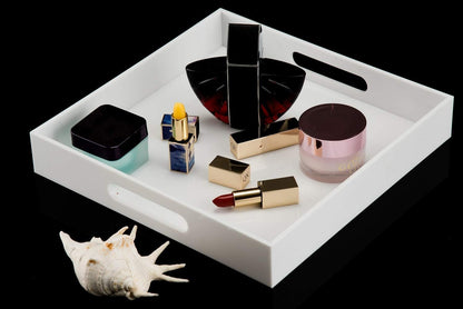 Glossy White Sturdy Acrylic Serving Tray with Handles-12x12Inch-Serving Coffee,Appetizer,Breakfast,Butler-Kitchen Countertop -Cosmetics Organizer-Vanity Table Tray-Ottoman Tray-Decorative