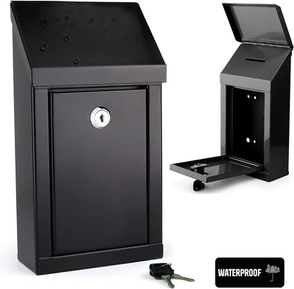 Metal Donation Box-Suggestion Box with Slot and lock-Cash Lock box for Money-Waterproof Drop Box-Comment and ballot voting box-comes with pre-drilled holes for easy wall mounting 10x6x2.5"(Black)