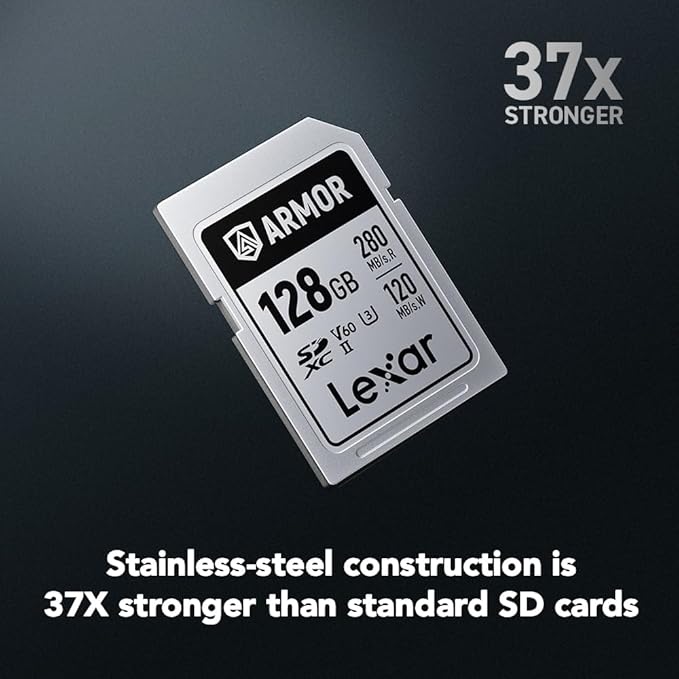 Lexar 128GB Armor Silver PRO SDXC Memory Card, UHS-II, C10, U3, V60, 6K UHD, Up to 280MB/s Read, Stainless Steel, for Professional Photographer, Videographer, Enthusiast (LSDAMSP128G-RNNNU)
