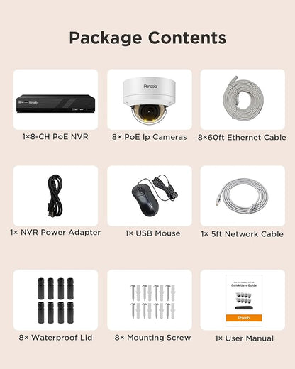 PoE Security Camera System 4K, 8X 8MP IK10 Vandal Proof Dome Cameras Outdoor, AI Human Vehicle Detection, Smart Color Night Vision, 2 Way Audio, 4K 8CH PoE NVR with 2TB HDD, PD54Y0808-8M