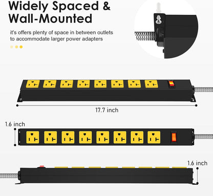 20Amp Power Strip Surge Protector, Durable Metal 8-Outlets with Heavy Duty 20 amp 10Ft 12 Gauge Extension Cord for Garage Workshop & Industrial Use, 1200J