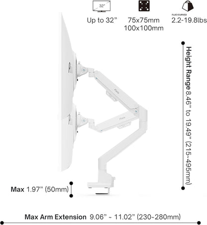 Pixio PS1S Wave White Single Monitor Arm Stand Desk Mount - Fits up to 32 inches Monitors and up to 19.8lbs. VESA Compatibility and Integrated Cable Management