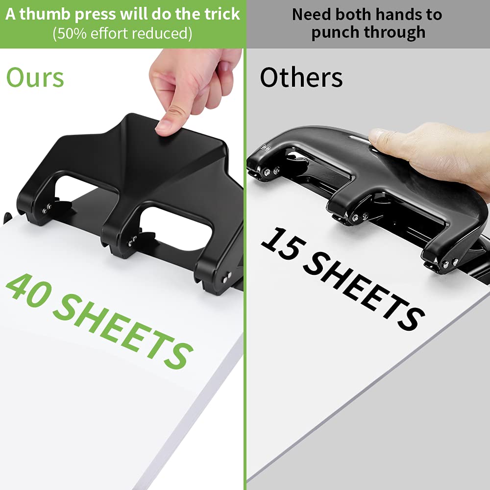 AFMAT 3 Hole Punch Heavy Duty, 40-Sheet Three Hole Punch, 50% Reduced Effort Metal Paper Puncher w/Large Chip Tray