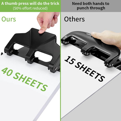 AFMAT 3 Hole Punch Heavy Duty, 40-Sheet Three Hole Punch, 50% Reduced Effort Metal Paper Puncher w/Large Chip Tray