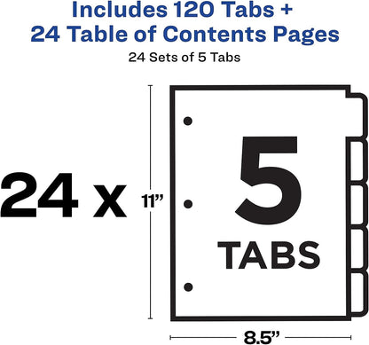 Avery 5 Tab Dividers for 3 Ring Binders, Customizable Table of Contents, Multicolor Tabs, 24 Sets (11167)