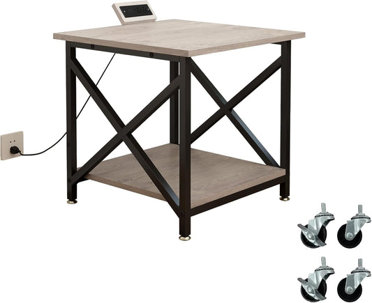 Large Printer Stand with Power Outlet, with Storage Shelf, 2 Tier Rolling Printer Cart with Industrial Wheels, 23.6 x 23.6 Inches Printer Table for Home Office,Greige