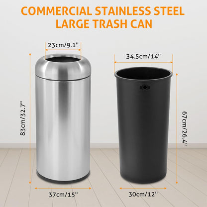WICHEMI 16 Gallon Commercial Large Trash Can, Bullet Outdoor Trash Bin with Open Top Lid, Brushed Stainless Steel Garbage Can, Silver