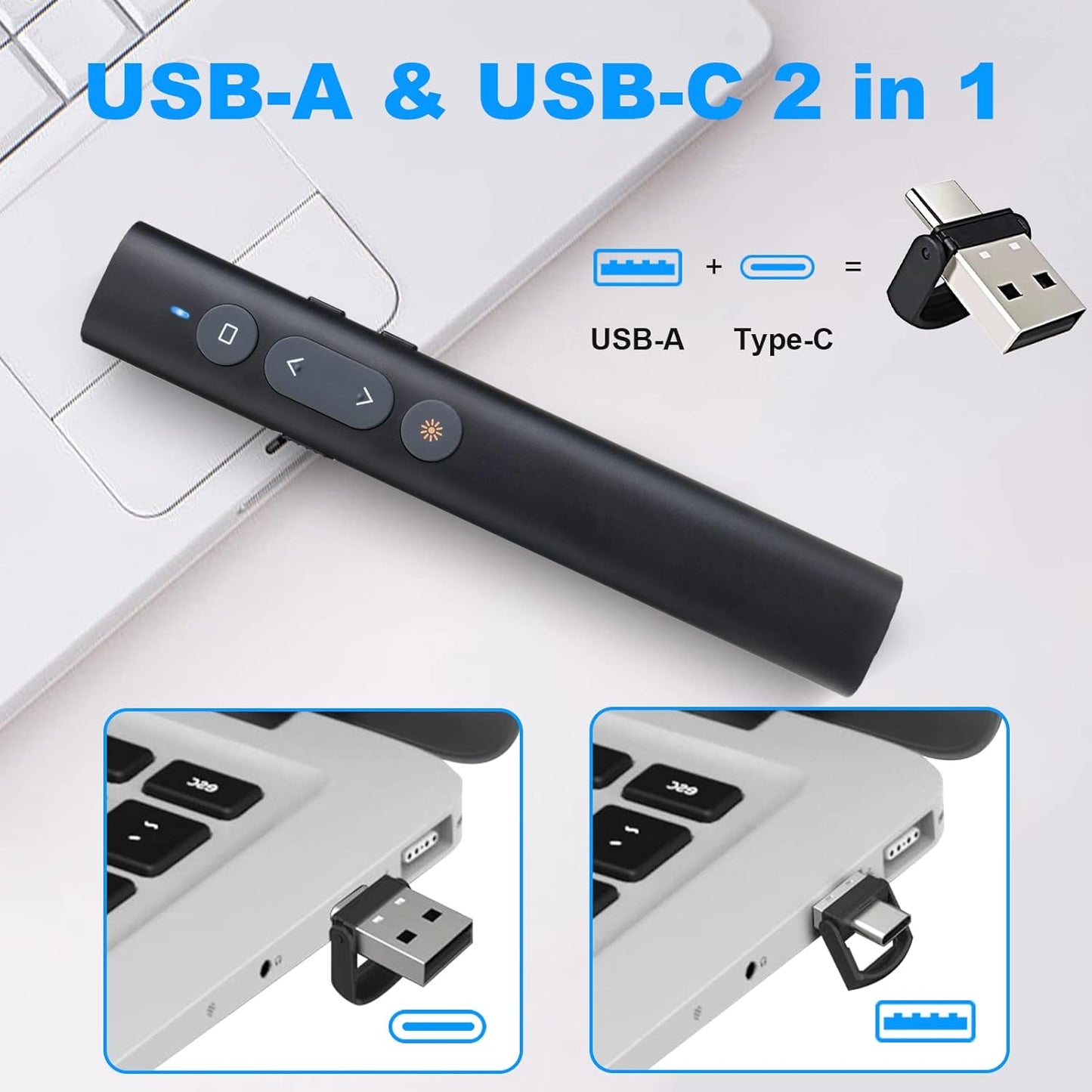 USB-A/USB-C Presentation Clicker for PowerPoint Presentations Pointer, Wireless Presenter Remote, Google Slide Advancer Projector Smart Board Slideshow PPT Clicker for Mac/Laptop/Computer/Office