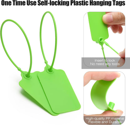 100 Green Blank Plastic Tags for Labeling Waterproof Hanging Labels Writable Tags Seal Plastic Marking Label for Clothes Bags Keys Inventory with One Marker Pen