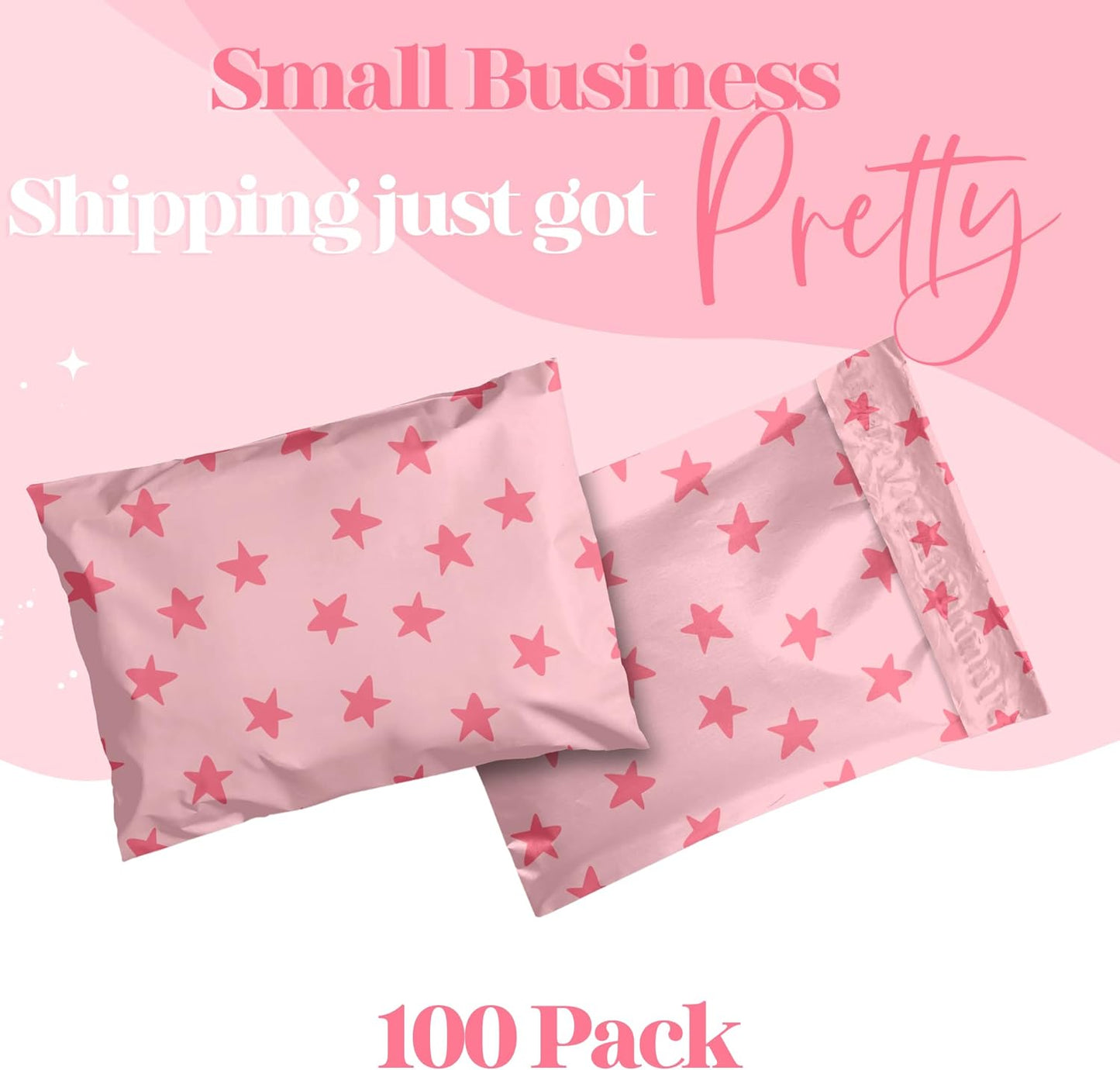 10x13 Designer Poly Mailer 100 Pack Heavy Duty Waterproof Self Seal Shipping Bags for Small Business Large Mailing Envelopes Bulk Tear Resistant Cute Packaging Seeing Stars Pink