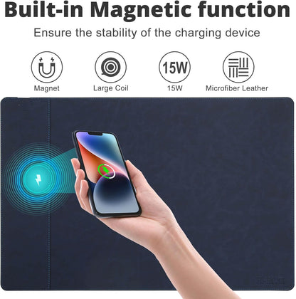 Magnetic Wireless Charging Desk Mat, 23.4''x15.6'' Large Office Mouse Pad, Microfiber Leather Mouse Mat with Ultra-Smooth Surface, Waterproof Computer Keyboard Desk Mat for Office & Home, Laptop, Blue