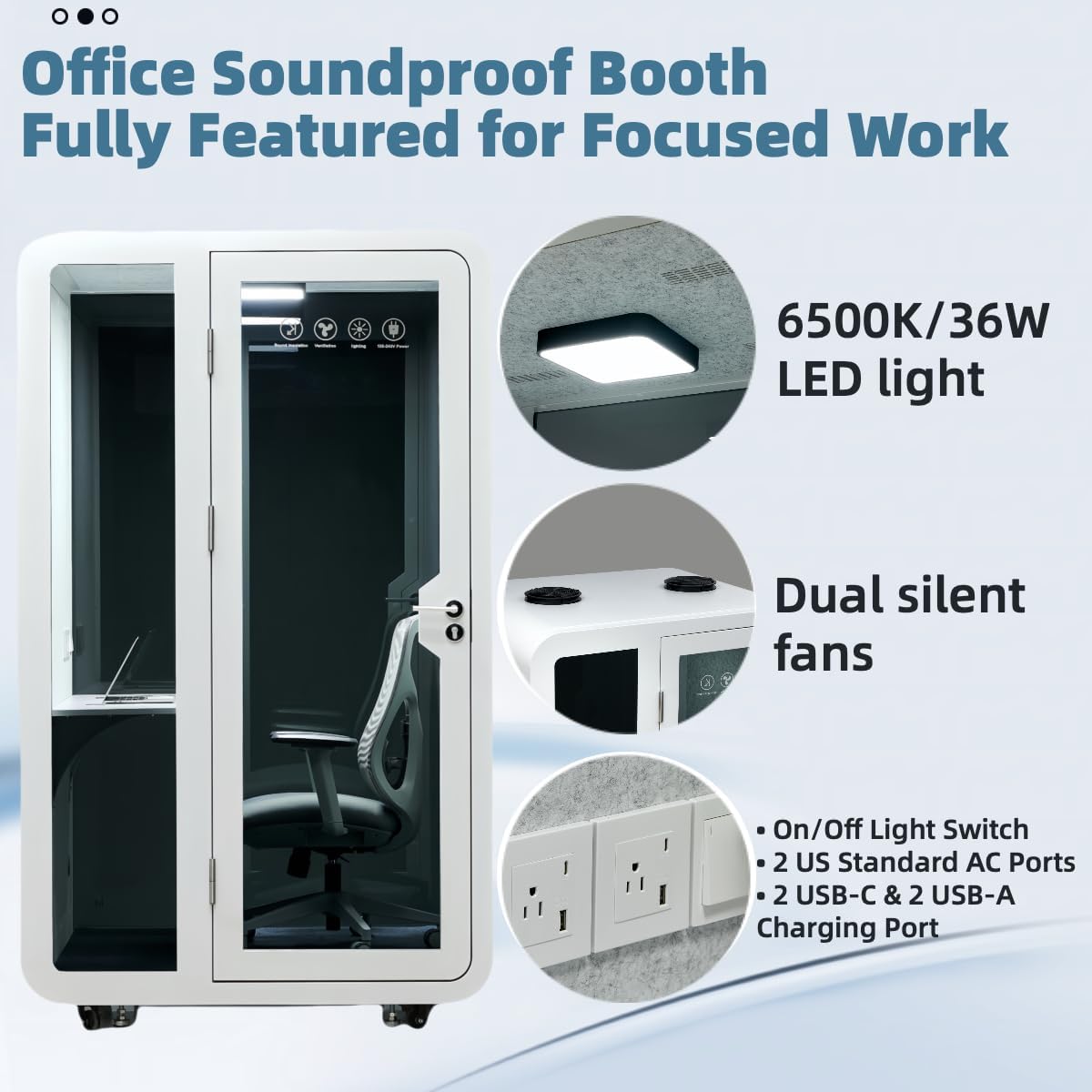Solo Office Pod, Sound Pod, Mobile Office Pod Booth, SoundProof Booth for Office, Privacy pod, Mobile Roller with Desk, LED Light, Centrifugal Fans and AC USB Ports - White/Smoked Glass