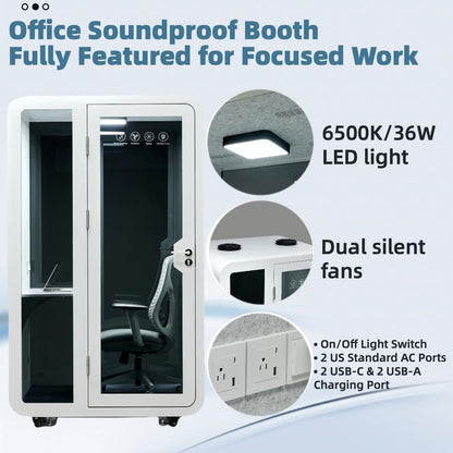 Solo Office Pod, Sound Pod, Mobile Office Pod Booth, SoundProof Booth for Office, Privacy pod, Mobile Roller with Desk, LED Light, Centrifugal Fans and AC USB Ports - White/Smoked Glass